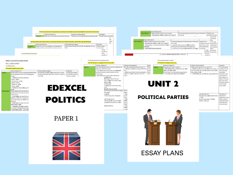 A-level EDEXCEL Politics Paper 1 Unit 2 Essay Plans UK Politics