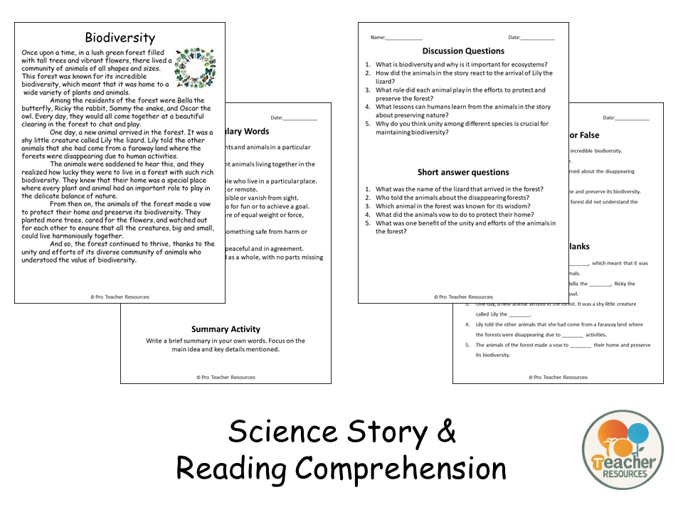 Biodiversity Reading Science Story Comprehension Questions Worksheet ...
