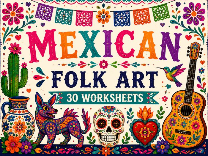 Mexican Folk Art Art Worksheets | 30 KS2 KS3 Cultural Art Drawing Activities | Alebrijes, Sugar Skul