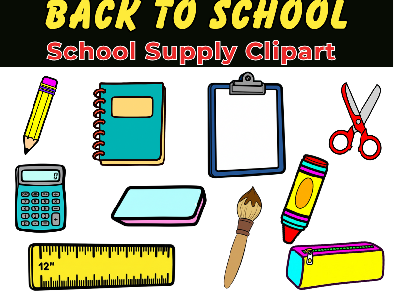 First Day of School Clipart – 11 Cute School Supplies | Color & Black White PNGs
