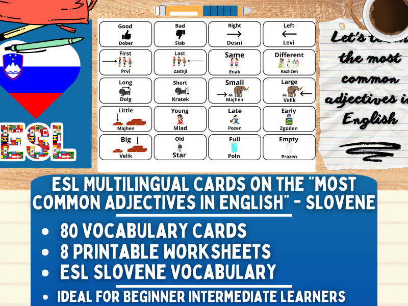 ESL Multilingual Vocabulary Flashcards - Most Common Adjectives - Slovene