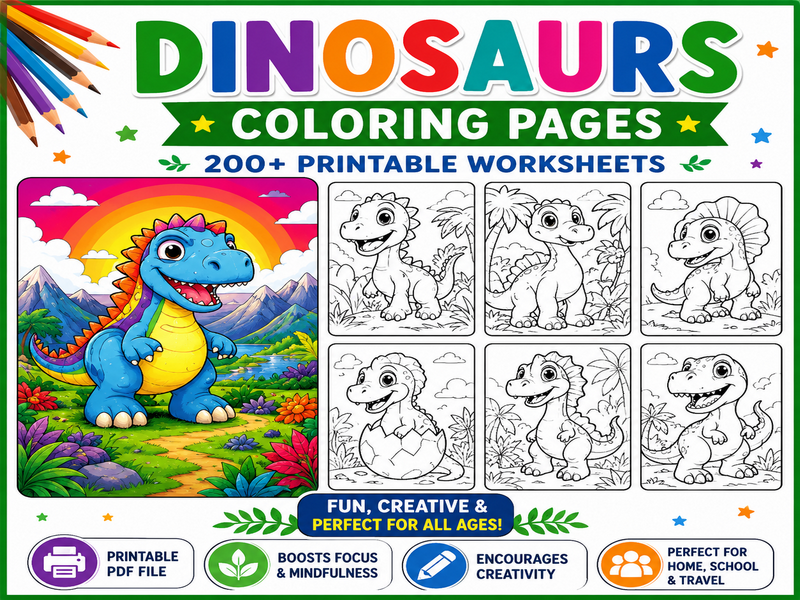 DINOSAURS Coloring Pages, 200+ Printable Coloring Activity Worksheet