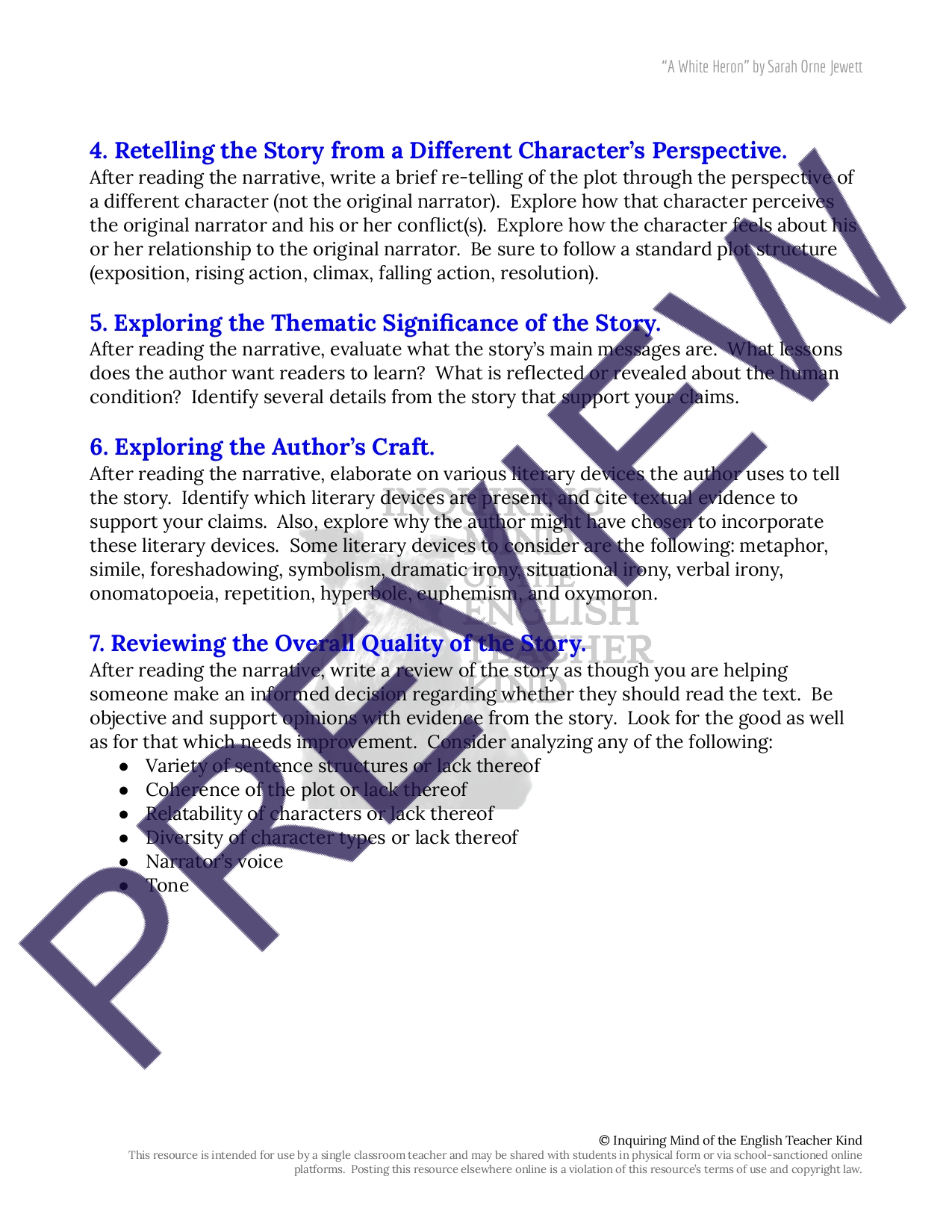 "A White Heron" by Sarah Orne Jewett Close Reading Worksheet Teaching