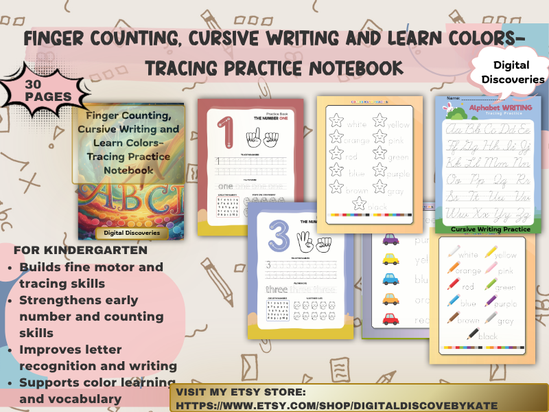 Finger Tracing, Cursive Writing and Learning Colors Worksheets for Kindergarten Fine Motor Skills