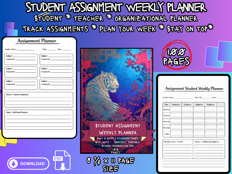 Student Assignment Weekly Planner – Daily, Weekly, and Notes Pages for Organization.