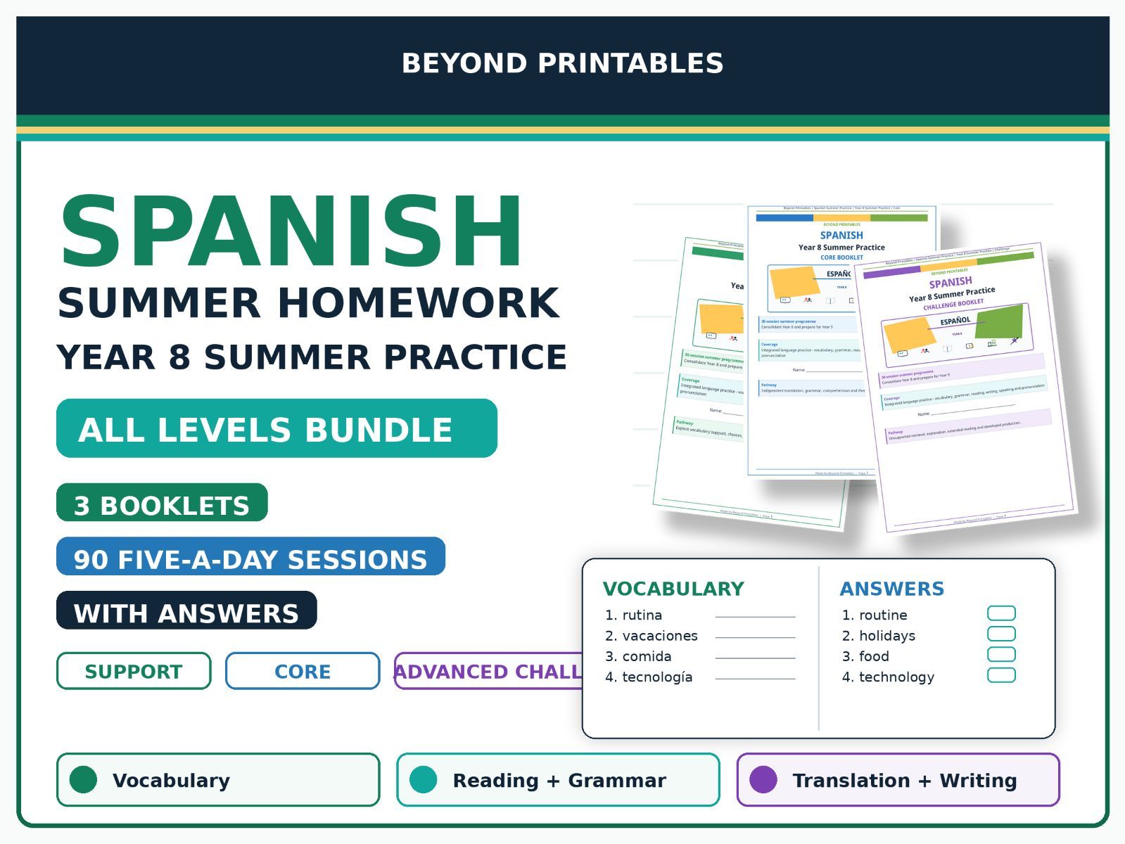 Spanish Summer Homework Year 8 Bundle | Support, Core & Advanced Challenge with Answers