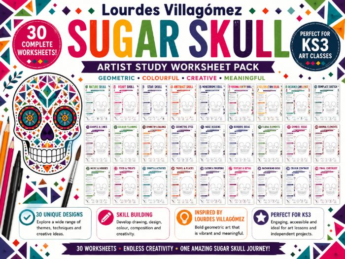 Lourdes Villagómez Sugar Skull Art Worksheets | 30 KS3 Art Activities | Colour & Pattern