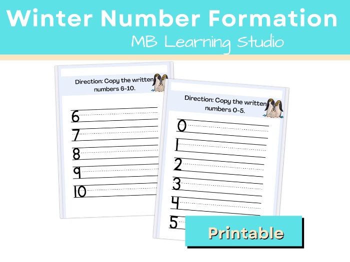 Winter Number Formation Worksheets 1–10 – Christmas Penguins Early Maths Practice