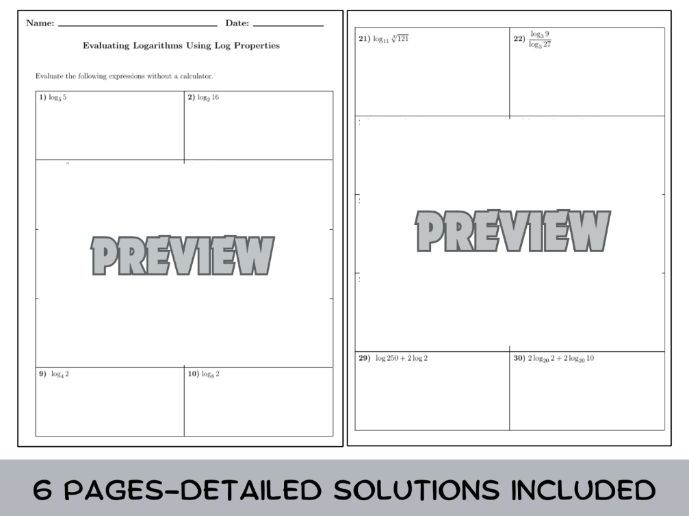 Evaluating Logarithms Using Log Properties Worksheet (with solutions)