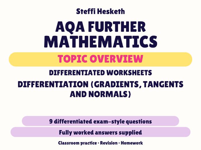 AQA Further Maths Gradients, Tangents & Normals | Topic Overview Differentiated Worksheet