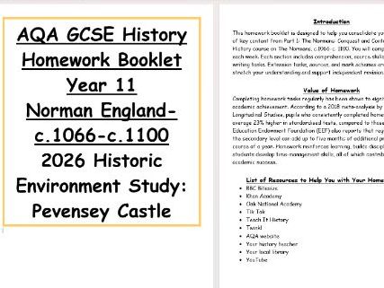 AQA The Normans 2026 Historic Environment Homework Booklet- Pevensey Castle