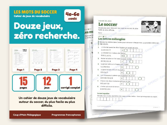 French Soccer Vocabulary Puzzles Grade 4-6 Word Games | Le soccer