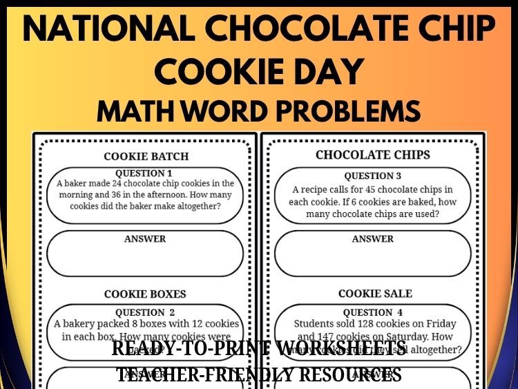 National Chocolate Chip Cookie Day Math Word Problems | 40 Questions | Grades 2–8