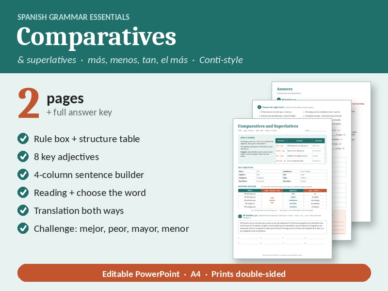 Spanish Comparatives & Superlatives: Conti-Style Worksheet