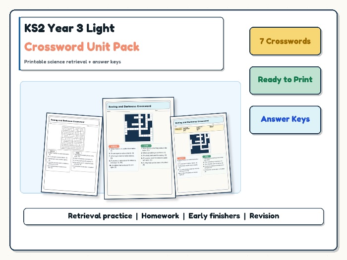KS2 Year 3 Light Crossword Unit Pack | Science Vocabulary + Answers