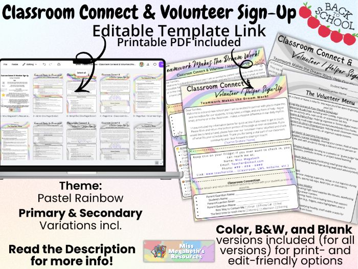 Classroom Connect & Parent Volunteer Sign-Up Packet | Pastel Rainbow | Back to School Forms | Canva