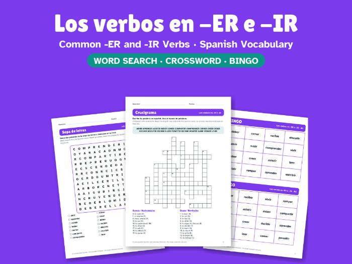 Common -ER and -IR Verbs in Spanish: Word Search, Crossword & Bingo