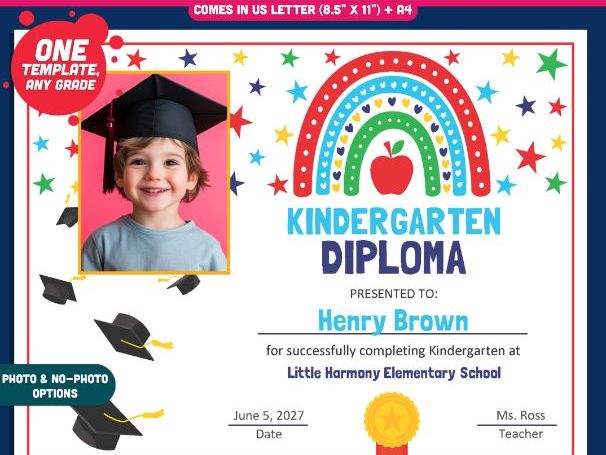 Editable Kindergarten Graduation Diplomas, Printable Keepsake Awards