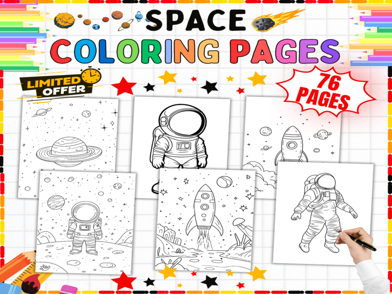 76 Space Colouring Pages | Astronaut Rocket Art Activities | Planets Stars Printable Worksheets