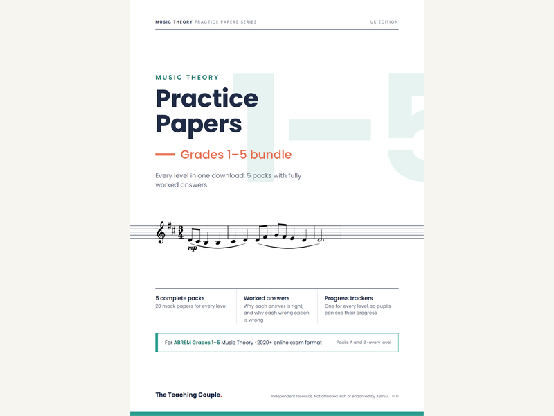 Grades 1–5 Music Theory Practice Papers – for ABRSM – Bundle (100 Mock Papers)