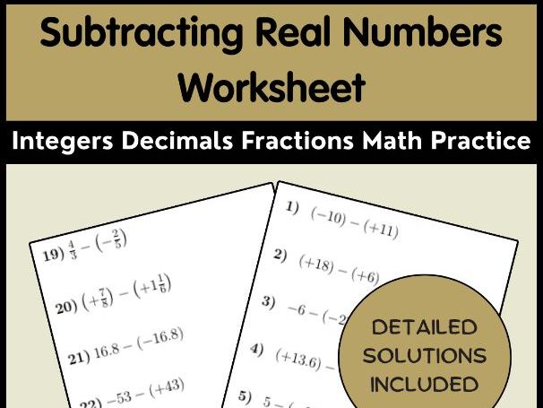 Subtracting Real Numbers Worksheet Integers Decimals Fractions Math Practice