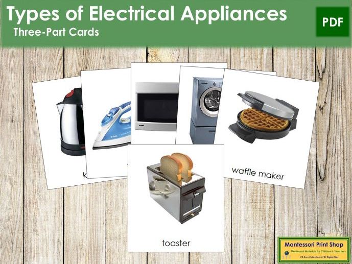 FREE Types of Electrical Appliances - Montessori 3-Part Cards - Vocabulary, ESL