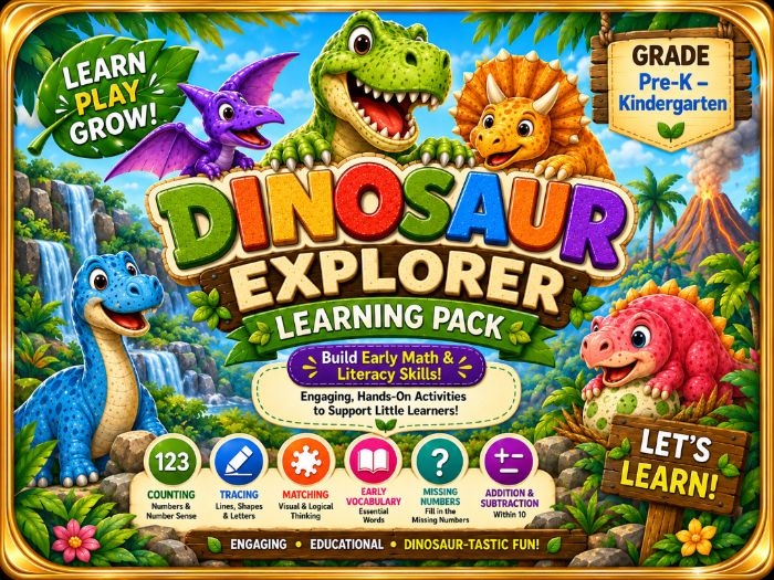 Dinosaur Learning Activities | PreK Kindergarten Math & Literacy Worksheets