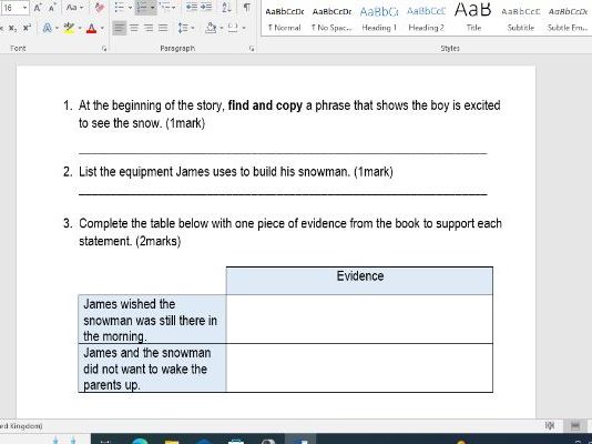 The Snowman Reading Comprehension