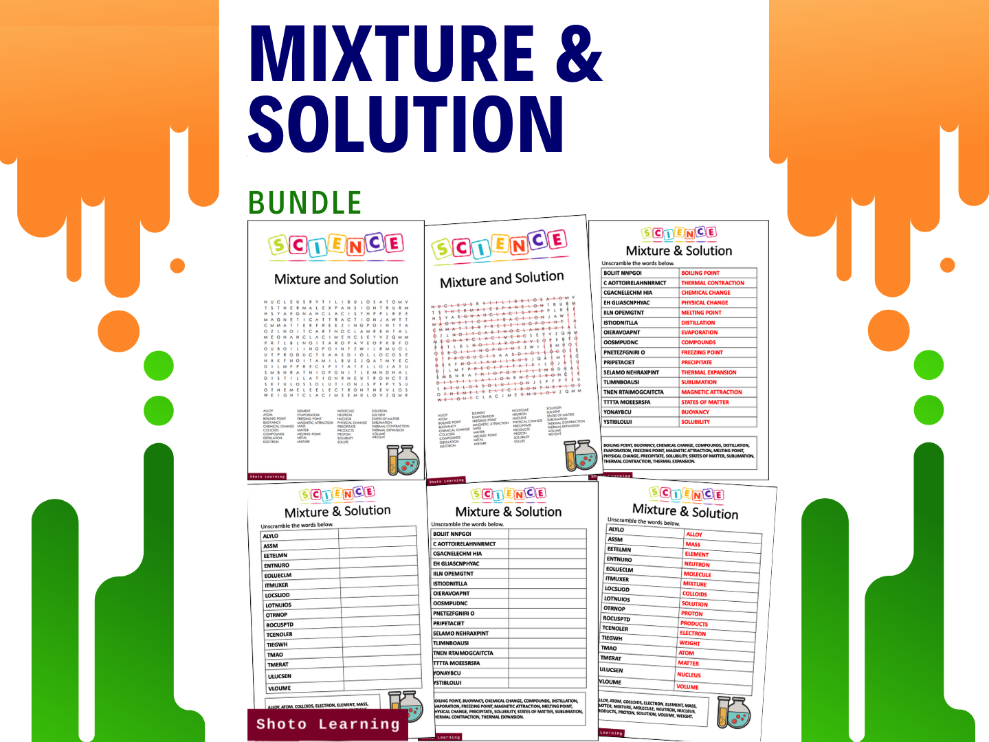 MIXTURE AND SOLUTION SCIENCE ACTIVITY BUNDLE WORD FIND SCRAMBLE WORDS