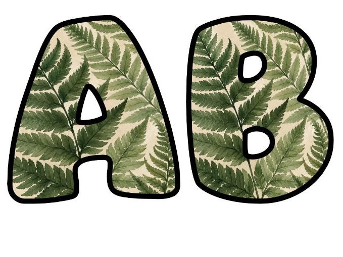 Fern Fronds Sage Bubble Letters | Botanical Bulletin Board Letters | Printable Alphabet A-Z and 0-9
