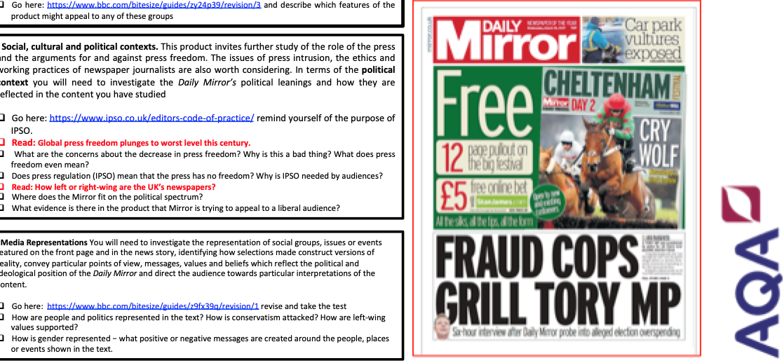 AQA DAILY MIRROR NEWSPAPER GCSE MEDIA STUDIES SOURCEBASED REVISION