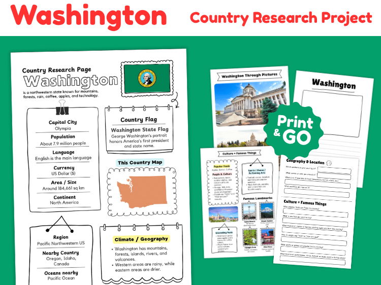 Washington State Research Project | US Geography & State Study Worksheets