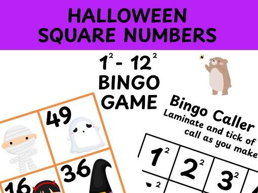 Halloween themed square numbers bingo game