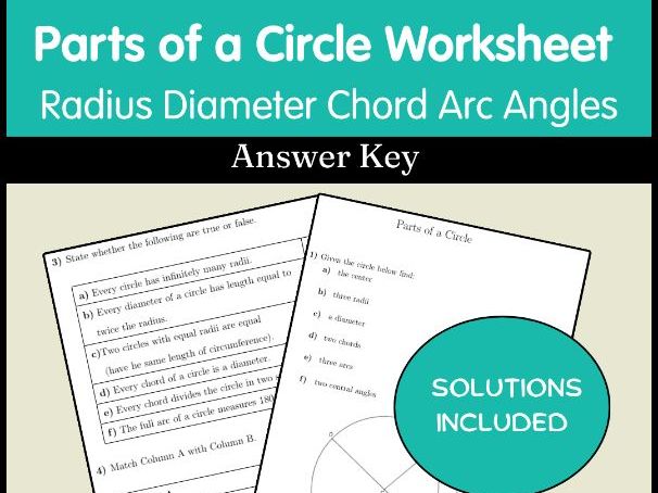 Parts of a Circle Worksheet | Radius Diameter Chord Arc Angles | Answer Key