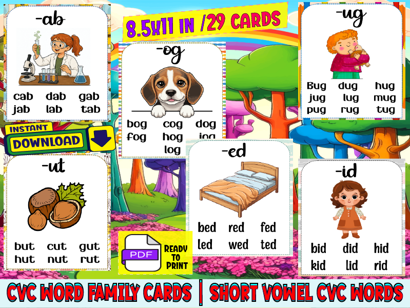 CVC Word Family Cards-Short Vowel CVC Words for Kids