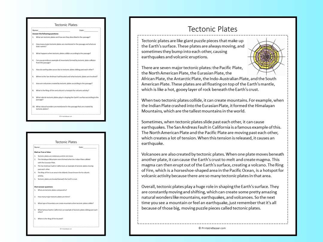 Tectonic Plates Reading Comprehension Passage Printable Worksheet | Teaching Resources