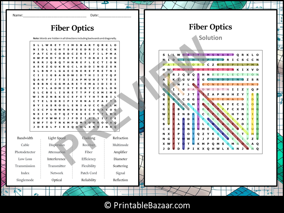 Fiber Optics Word Search Puzzle Worksheet Activity Teaching Resources