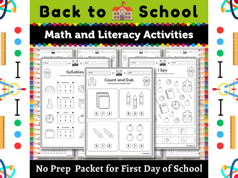 Back to School NO PREP Activity Packet : Math and Literacy for Preschool Centers