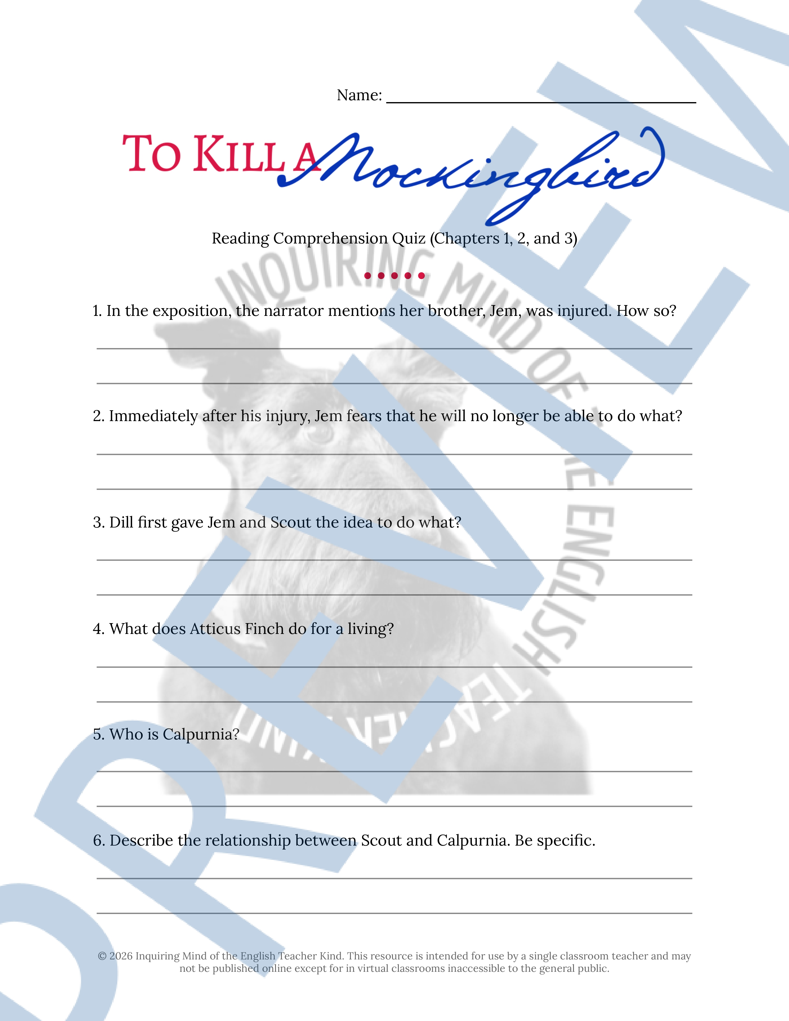 To Kill a Mockingbird Chapters 1, 2, and 3 Quiz and Answer Key ...