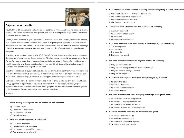 French - Friendships- Stéphane et ses amitiés- Reading practice