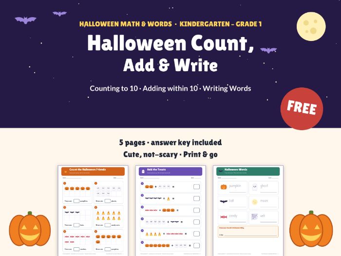 FREE Halloween Math & Words | Counting, Adding to 10, Tracing | Kindergarten & Grade 1