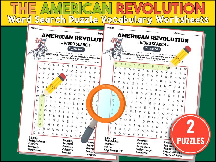 American Revolution Word Search Puzzle Vocabulary Worksheets - Revolutionary War Activity