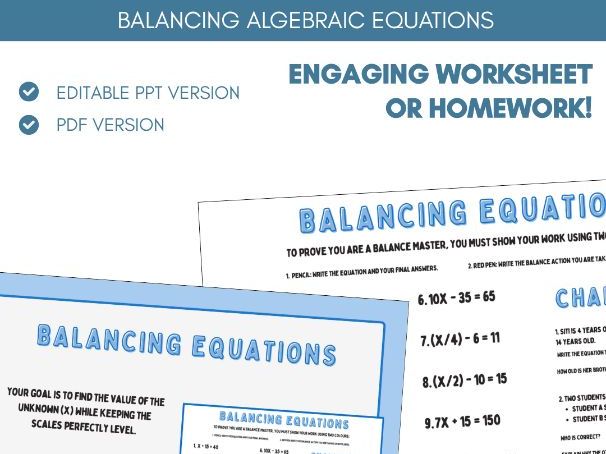 Balancing Algebraic Equations | Worksheet Homework Task | Algebra
