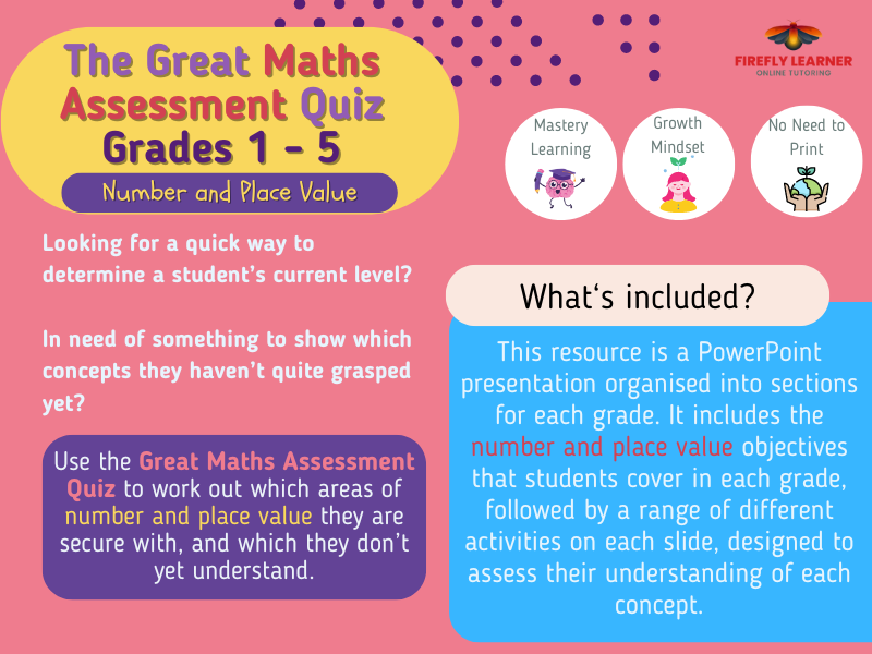 Number & Place Value - Maths Assessment Quiz/ Review - Grades 1 - 5
