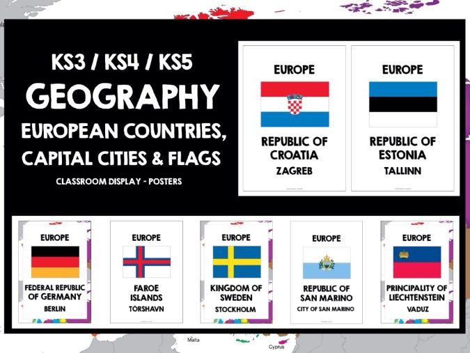 GEOGRAPHY EUROPE COUNTRIES, CAPITALS & FLAGS POSTERS
