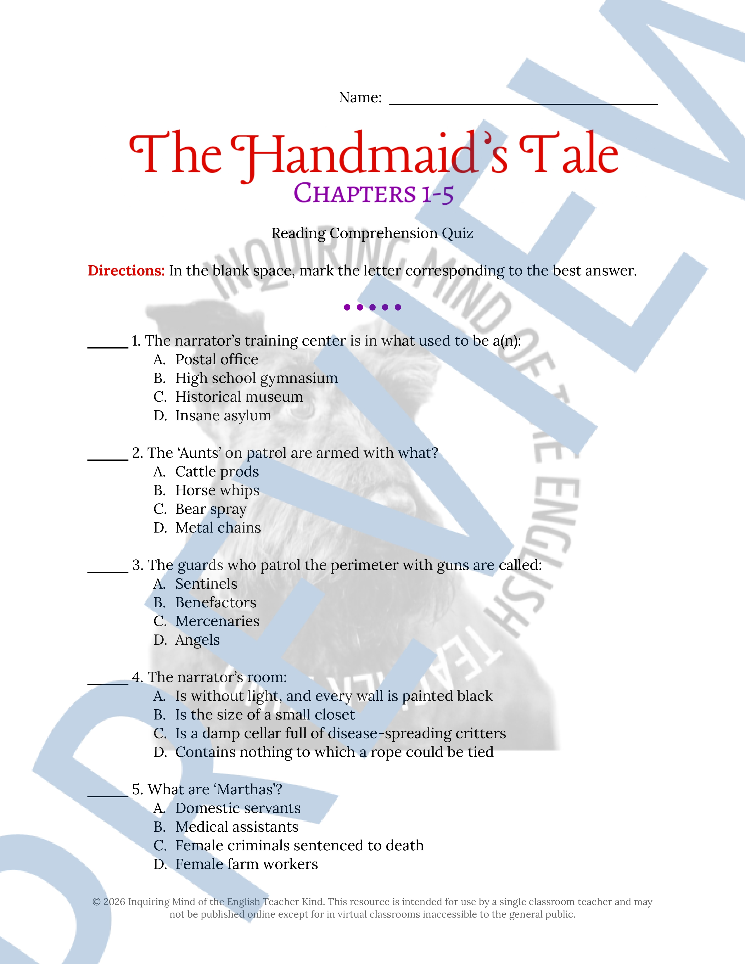 The Handmaid's Tale Chapters 1, 2, 3, 4, and 5 Quiz and Answer Key ...