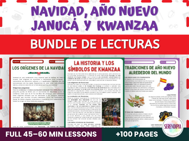 Christmas, Hanukkah, Kwanzaa & New Year Celebrations Reading Passages and Comprehension Activities in Spanish B2-C1-C2 Level | BUNDLE