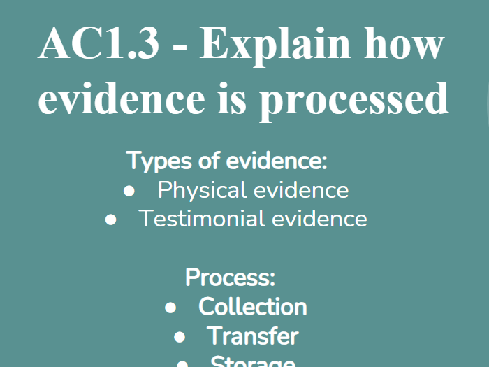 Criminology Unit 3 - Crime Scene to Courtroom: AC1.3 Explain how evidence is processed
