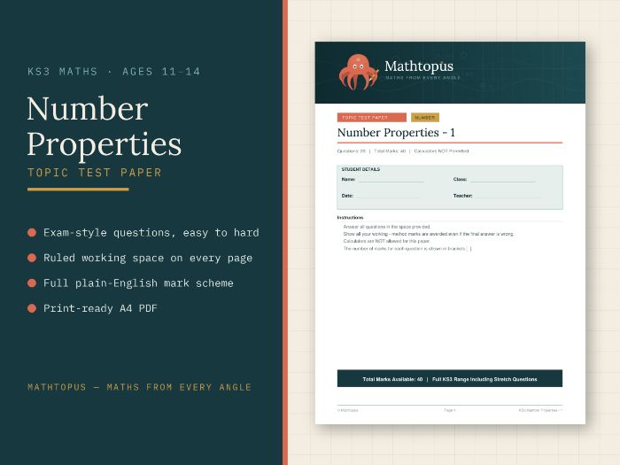 KS3 Number Properties Test Paper with Mark Scheme (40 marks, ages 11-14)