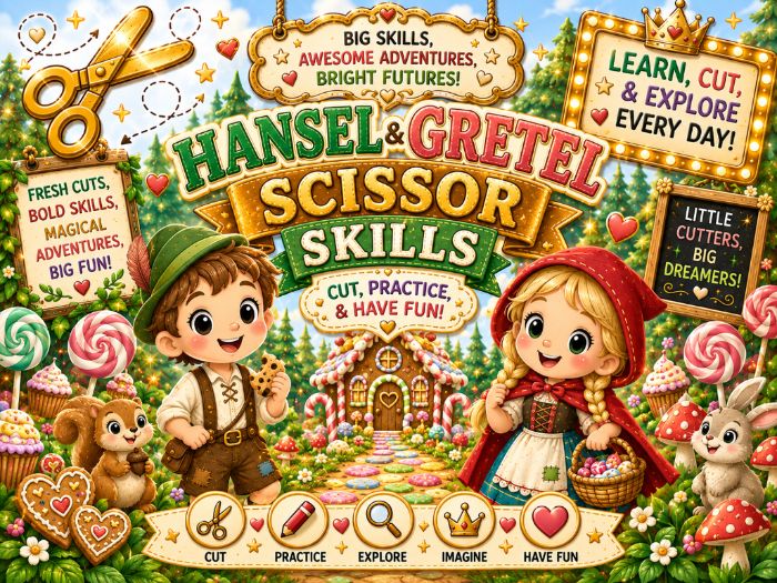 Hansel & Gretel Scissor Skills Worksheets | Cutting Practice & Fine Motor Activities | Preschool–1st